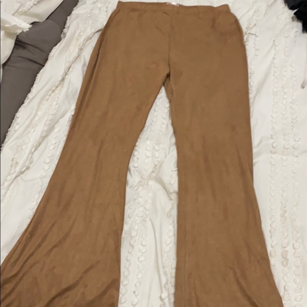 Camel bell bottom suede flare leg pants